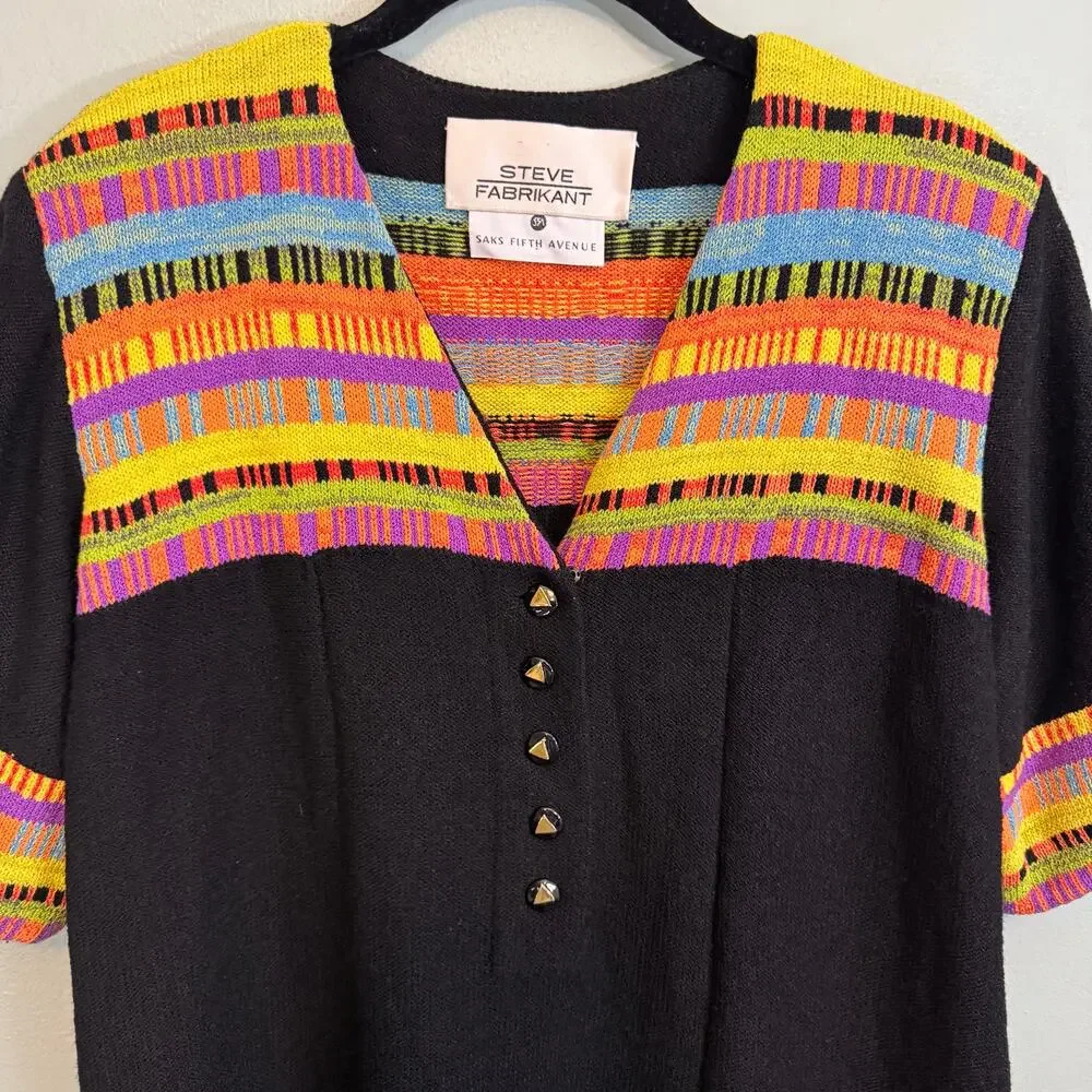 Vintage Steve 80s Fabrikant Wool Sweater Dress Large Black Colorful Retro Unique - Picture 5 of 9